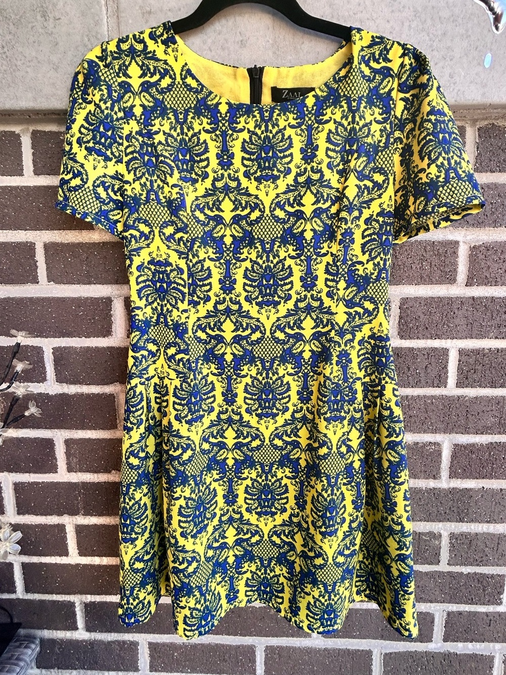 ZAAL Yellow & Blue Printed Short Sleeve Dress